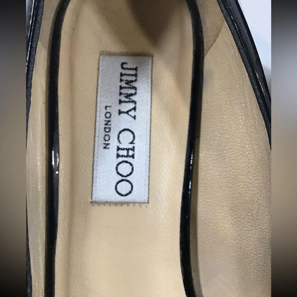 Women’s Jimmy Choo Black Patent Wedge Peep-Toe Shoes Size 38.5
